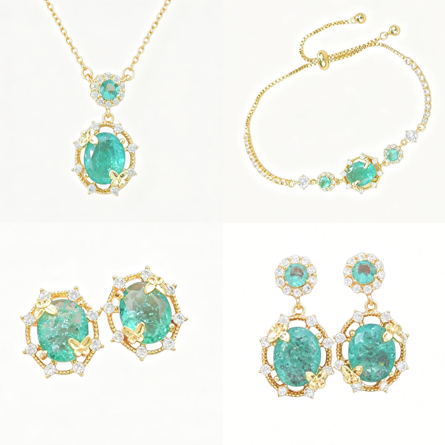 Ice‑Flake Zircon Lake‑Blue Butterfly Jewelry Set Necklace Bracelet Earrings
