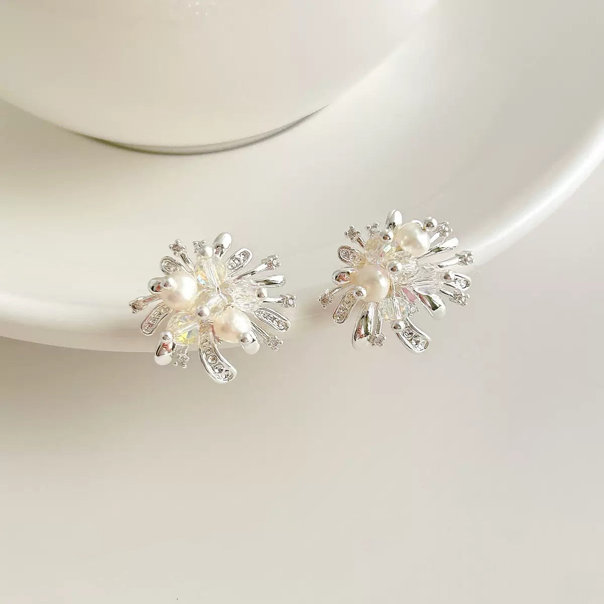 925 Sterling Silver Needle Dazzling Micro‑Paved Zircon Firework‑Shaped Crystal Pearl Stud Earrings