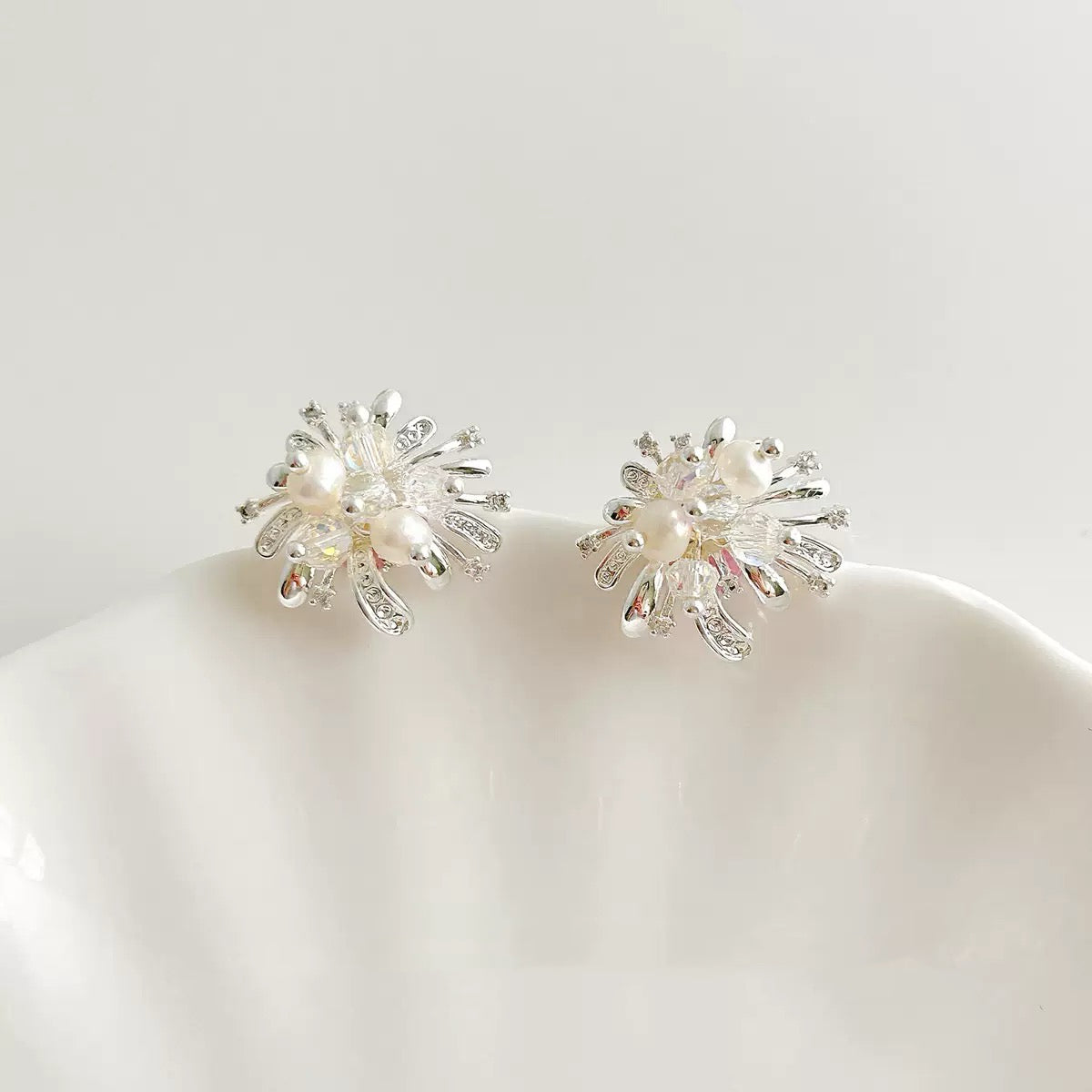 925 Sterling Silver Needle Dazzling Micro‑Paved Zircon Firework‑Shaped Crystal Pearl Stud Earrings