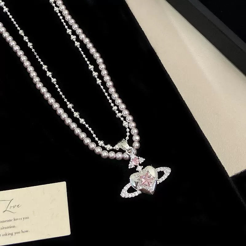 Saturn Pendant Manta‑Rose Heart Pearl Double‑Layer Stackable Necklace