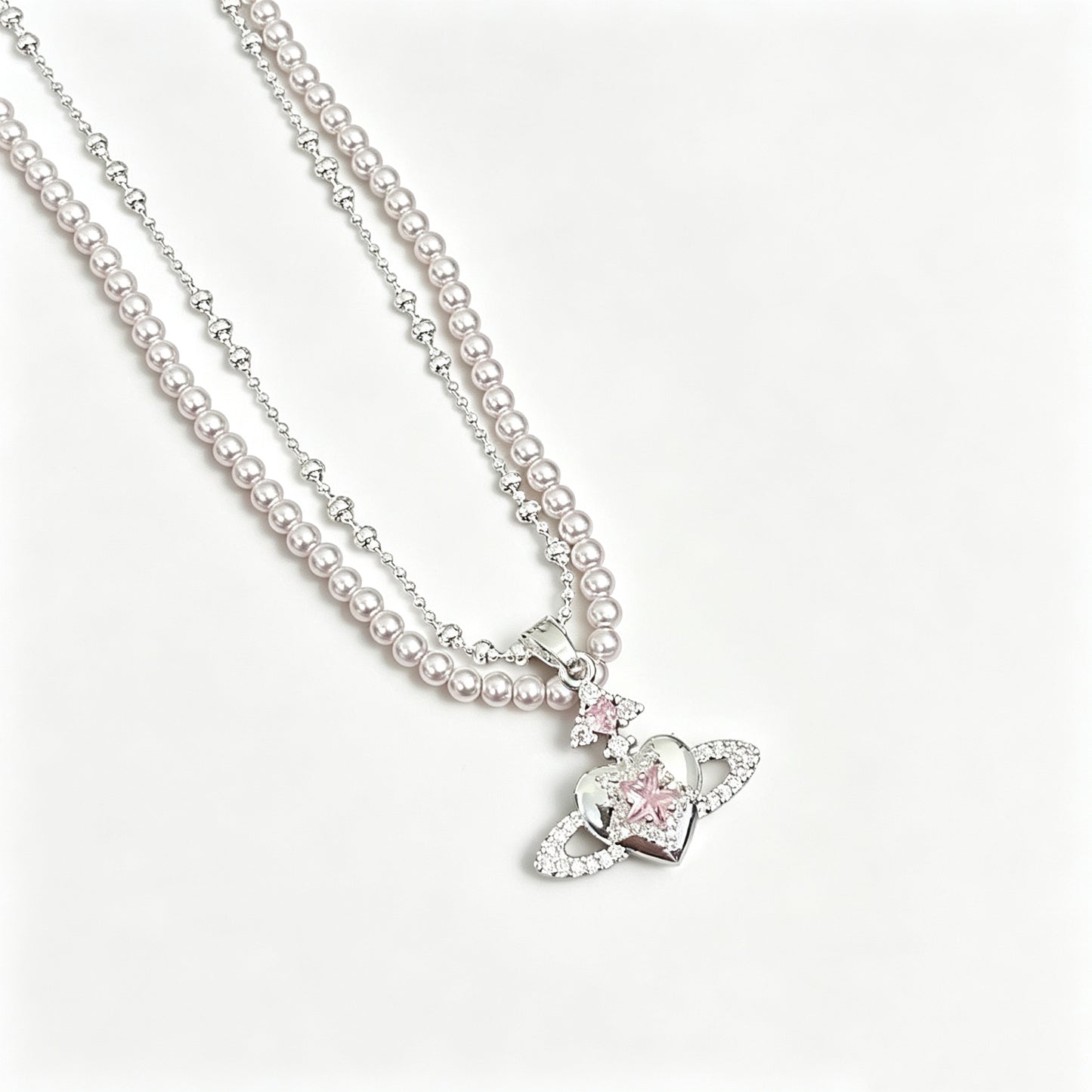 Saturn Pendant Manta‑Rose Heart Pearl Double‑Layer Stackable Necklace