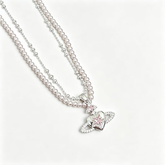 Saturn Pendant Manta‑Rose Heart Pearl Double‑Layer Stackable Necklace