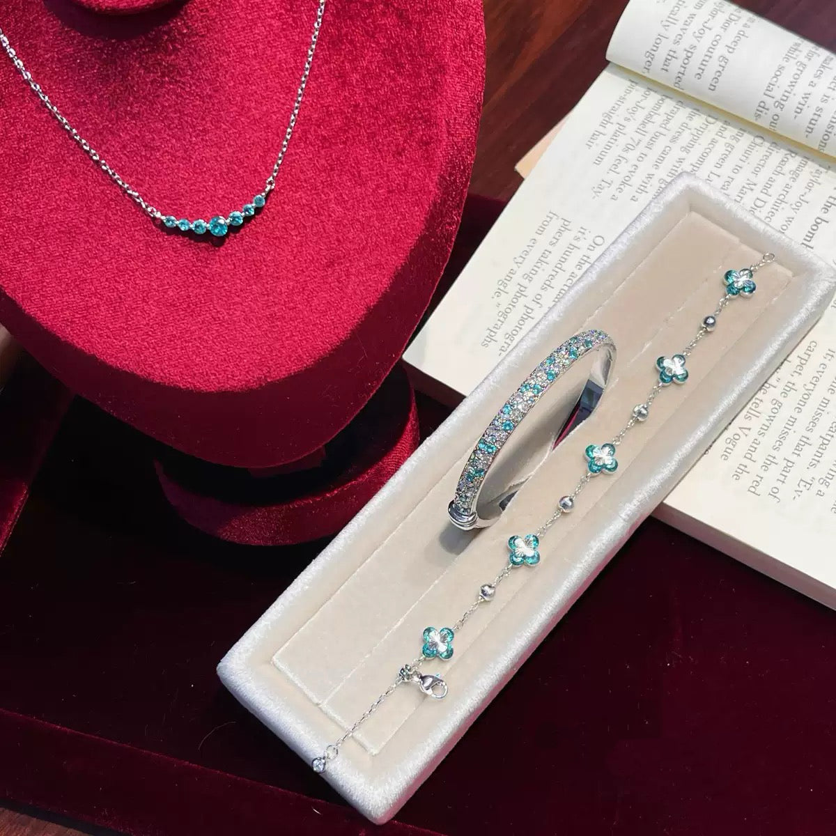 Real Gold‑Plated Paraiba Mint Salt Ice Jewelry Set, Smile Necklace & Full‑Paved Zircon Bracelet