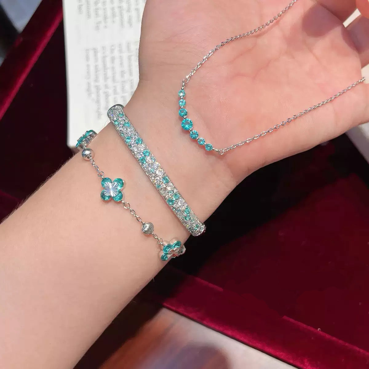 Real Gold‑Plated Paraiba Mint Salt Ice Jewelry Set, Smile Necklace & Full‑Paved Zircon Bracelet