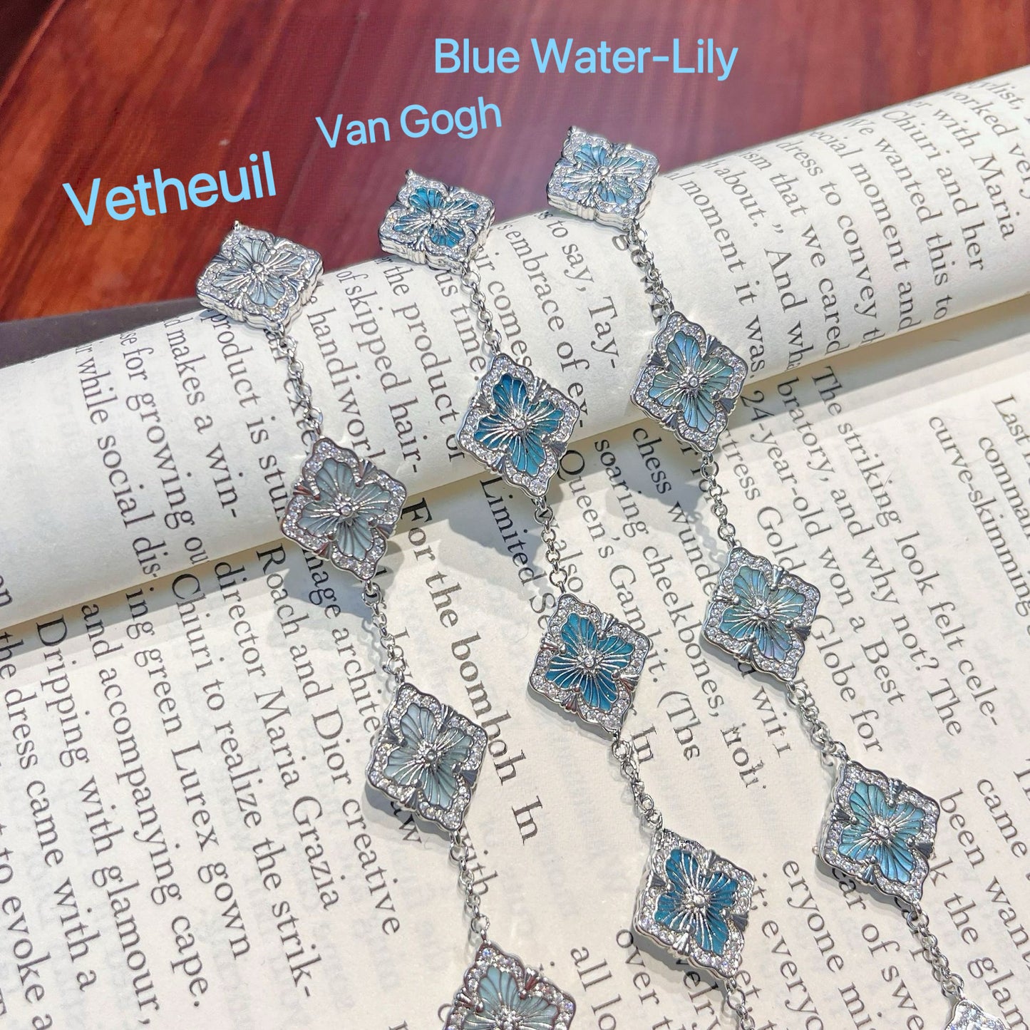 Limited‑Edition Monet Oil‑Painting Four‑Leaf‑Clover Jewelry Set, Bracelet, Necklace, Earrings & Ring