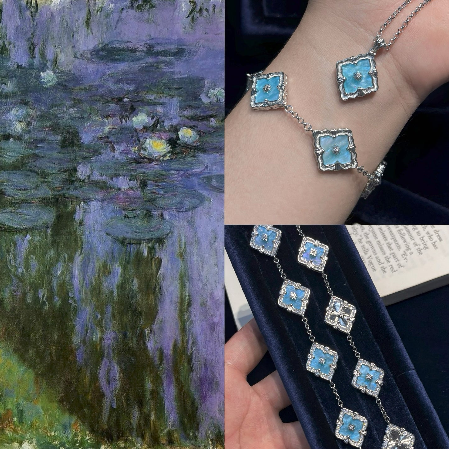 Limited‑Edition Monet Oil‑Painting Four‑Leaf‑Clover Jewelry Set, Bracelet, Necklace, Earrings & Ring