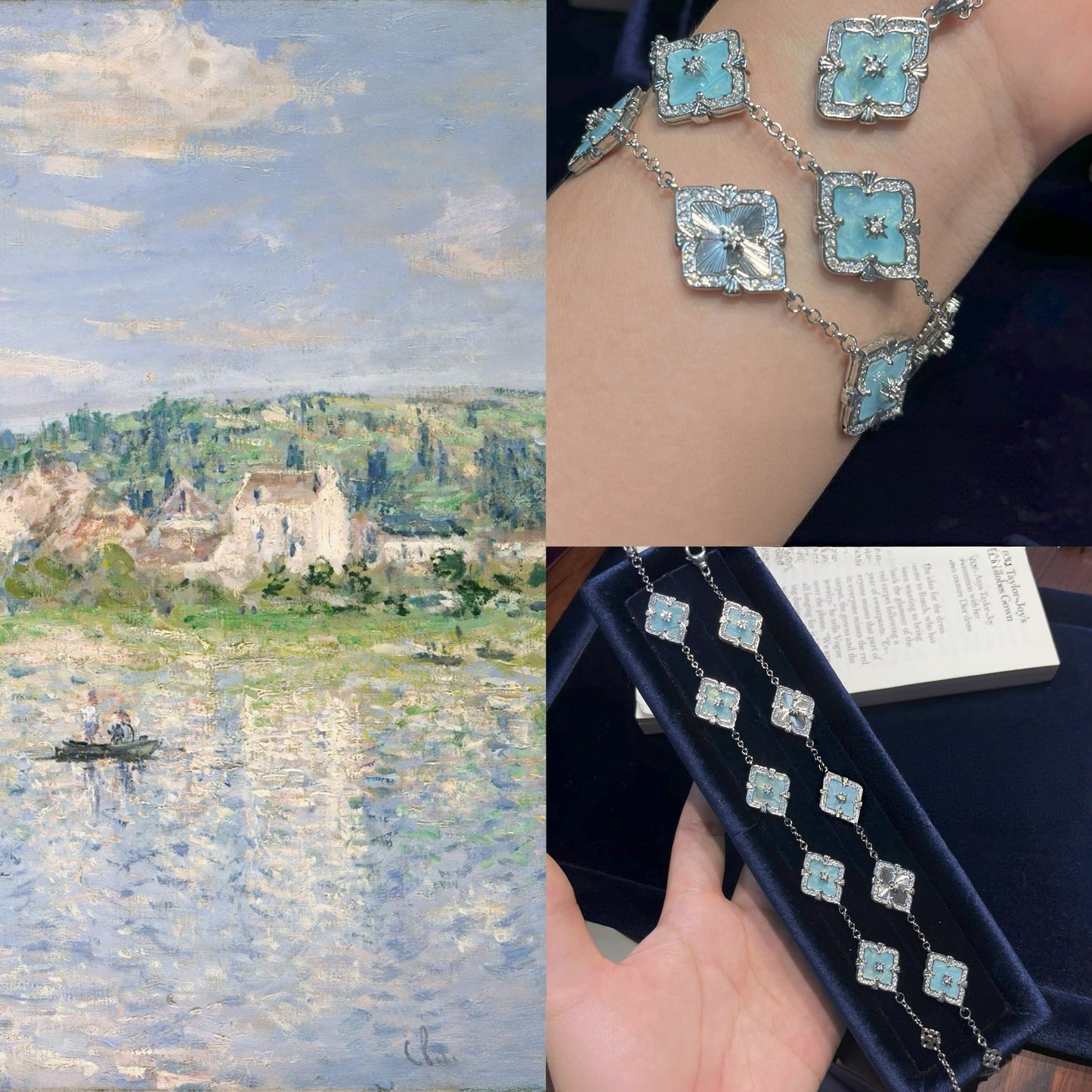 Limited‑Edition Monet Oil‑Painting Four‑Leaf‑Clover Jewelry Set, Bracelet, Necklace, Earrings & Ring