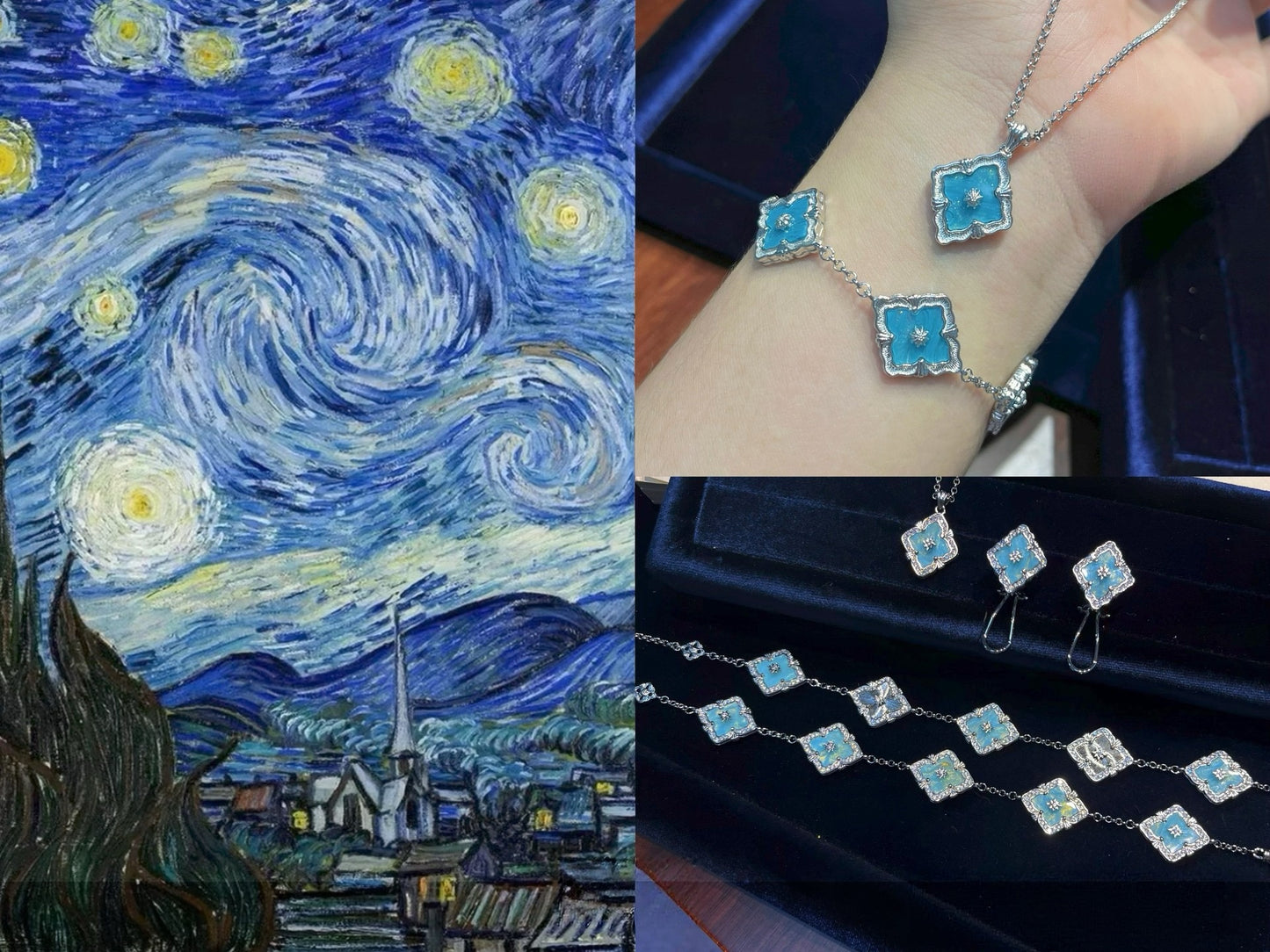 Limited‑Edition Monet Oil‑Painting Four‑Leaf‑Clover Jewelry Set, Bracelet, Necklace, Earrings & Ring