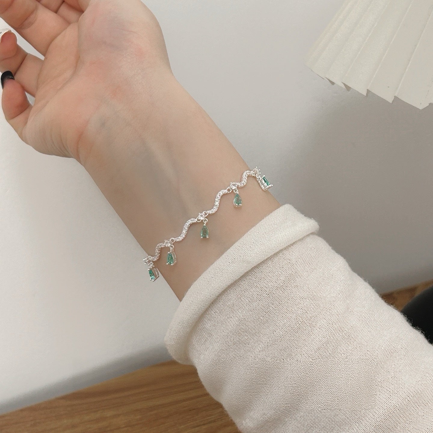 Micro‑Paved Teardrop Green Crystal Silver Bracelet