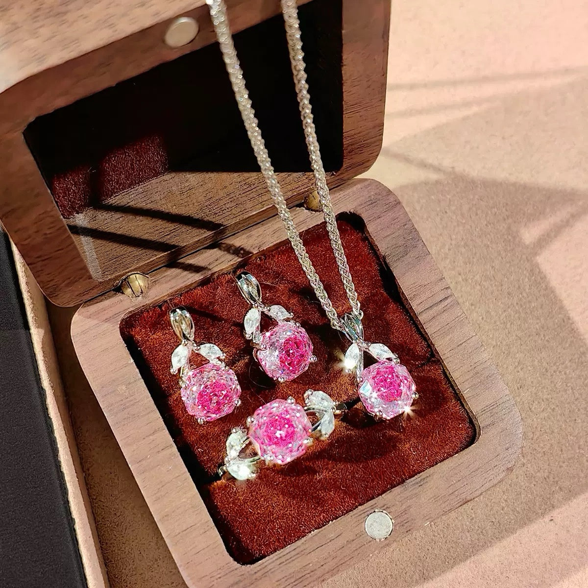 Millennium‑Cut Octagon High‑Carbon Diamond Jewelry Set, Rose Design Necklace Earrings Ring