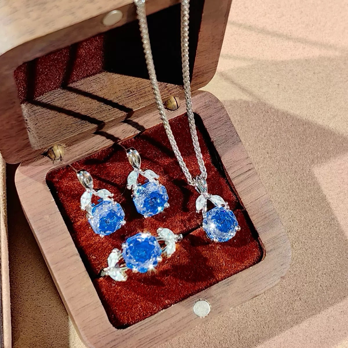 Millennium‑Cut Octagon High‑Carbon Diamond Jewelry Set, Rose Design Necklace Earrings Ring