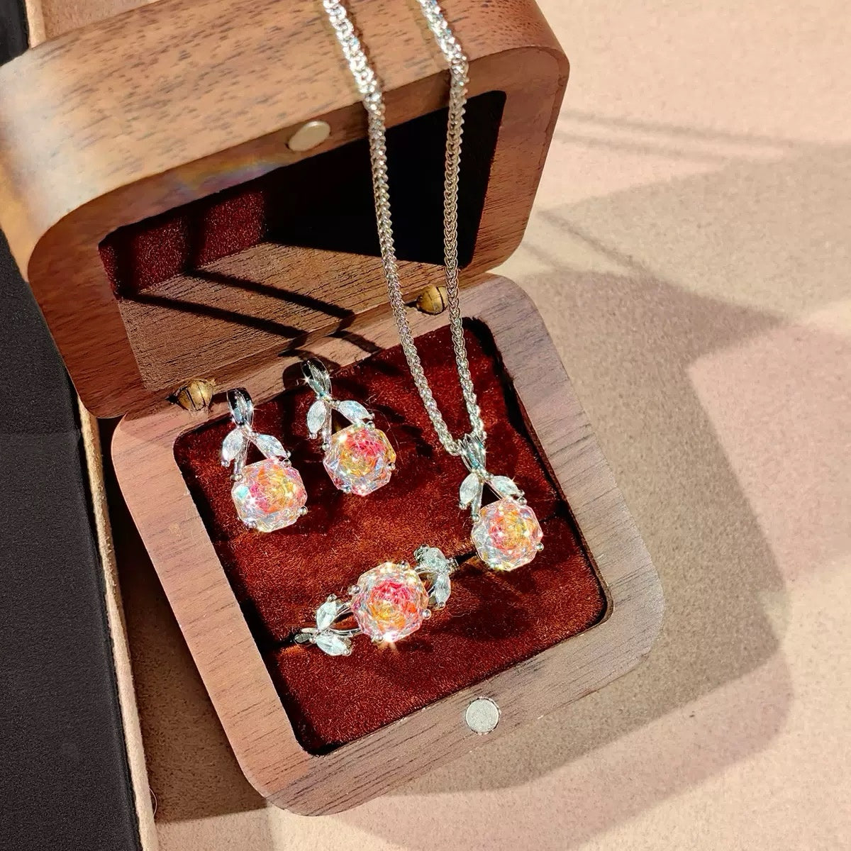 Millennium‑Cut Octagon High‑Carbon Diamond Jewelry Set, Rose Design Necklace Earrings Ring