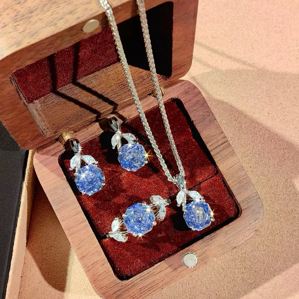 Millennium‑Cut Octagon High‑Carbon Diamond Jewelry Set, Rose Design Necklace Earrings Ring