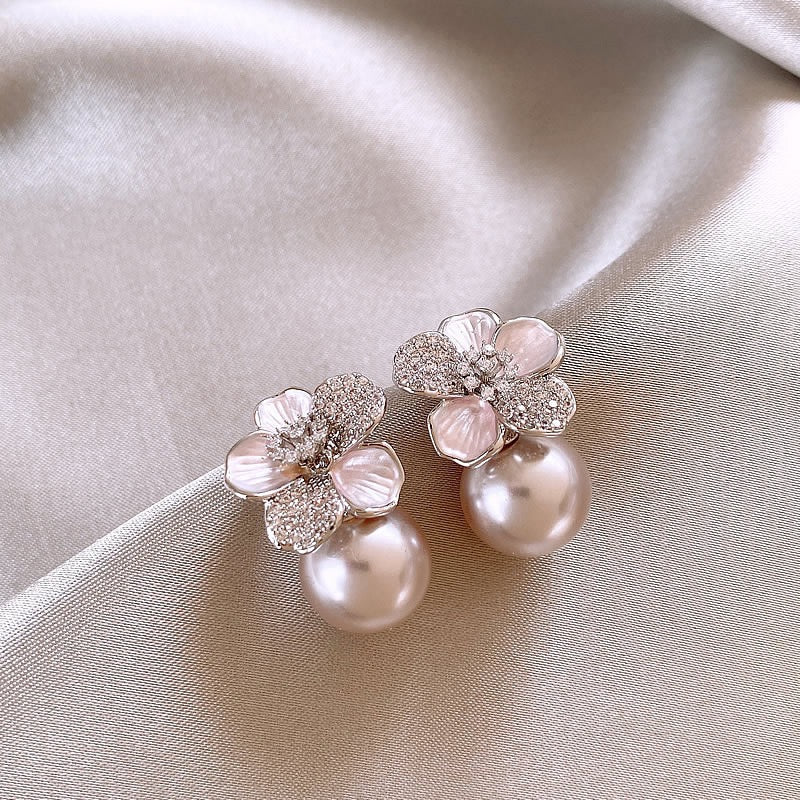 Micro‑Paved Cubic Zirconia Flower Pearl Drop Earrings
