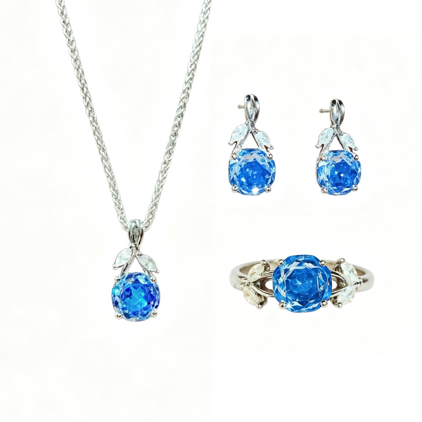Millennium‑Cut Octagon High‑Carbon Diamond Jewelry Set, Rose Design Necklace Earrings Ring