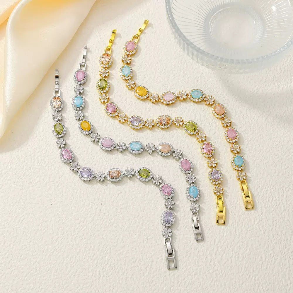 Gold Silver Plated Oval Shaped Ice Flower Zircon Bracelet
