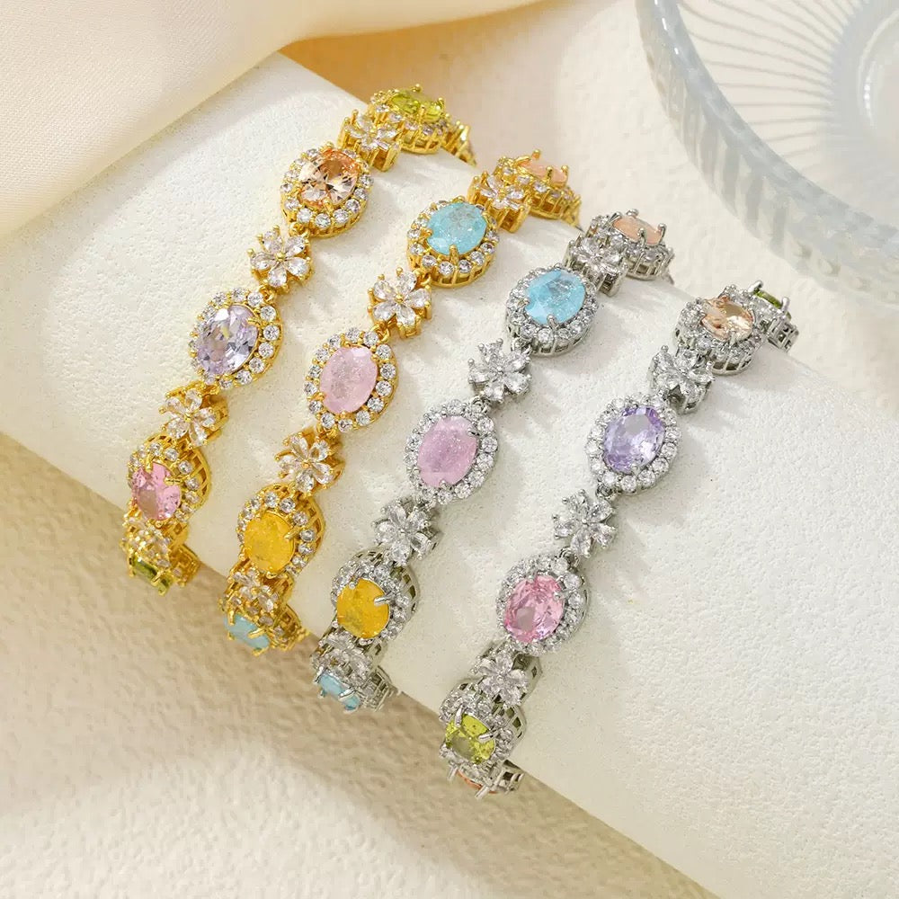 Gold Silver Plated Oval Shaped Ice Flower Zircon Bracelet