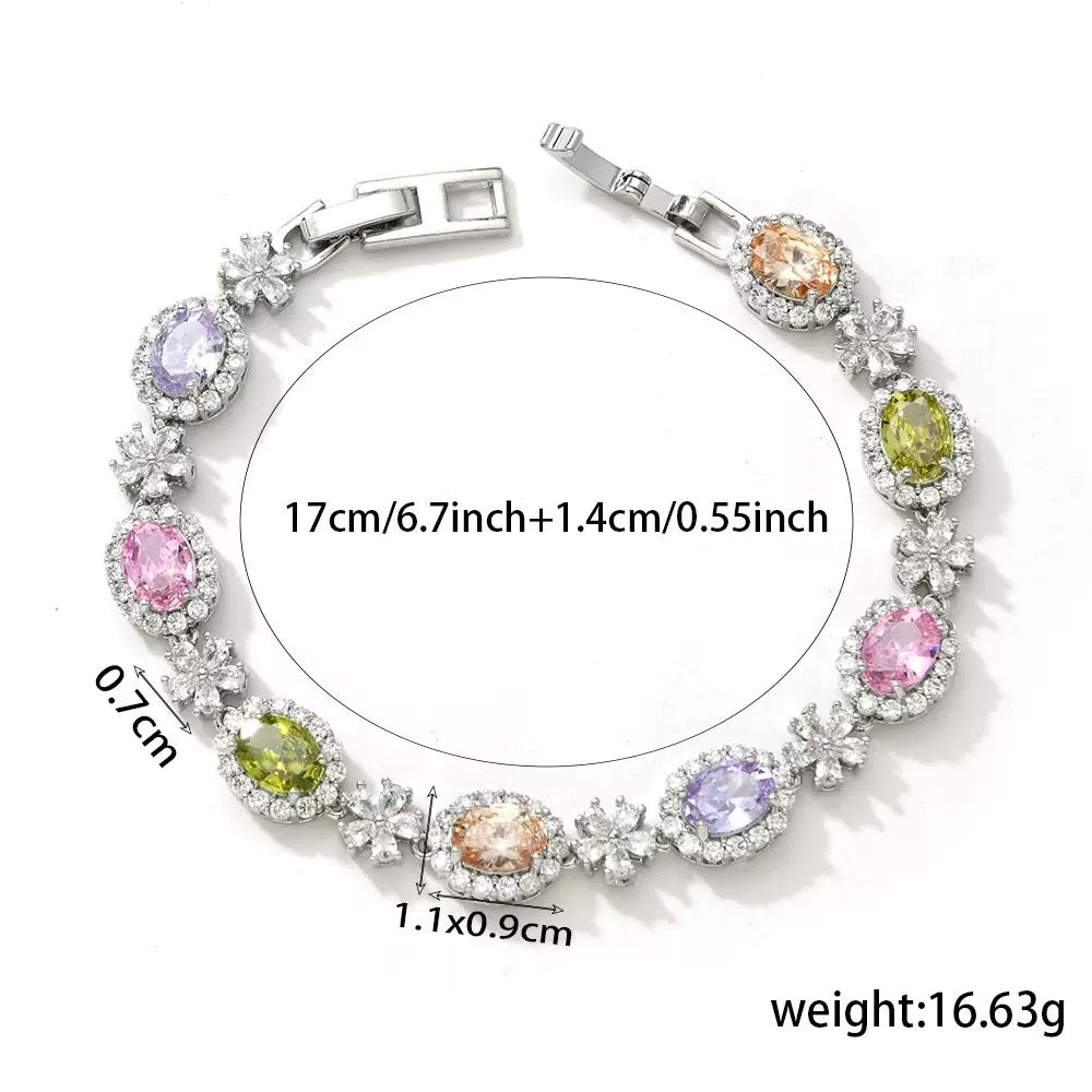 Gold Silver Plated Oval Shaped Ice Flower Zircon Bracelet