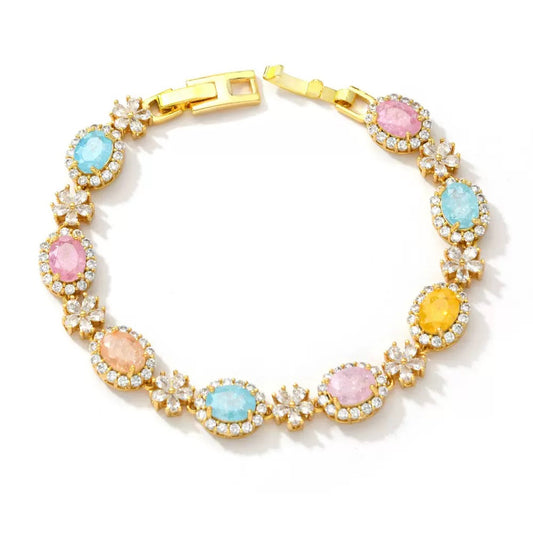 Gold Silver Plated Oval Shaped Ice Flower Zircon Bracelet