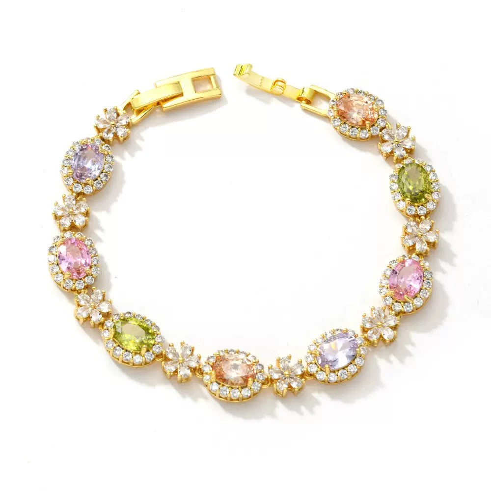 Gold Silver Plated Oval Shaped Ice Flower Zircon Bracelet