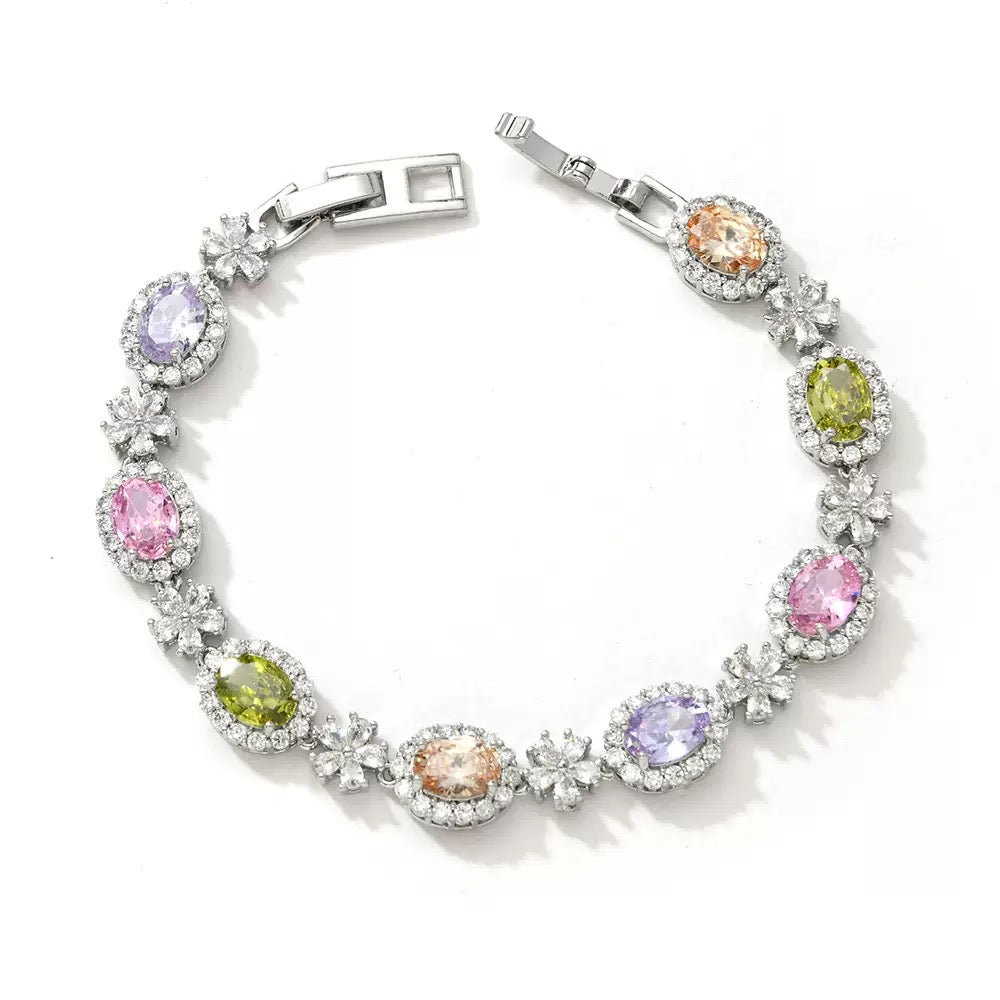 Gold Silver Plated Oval Shaped Ice Flower Zircon Bracelet