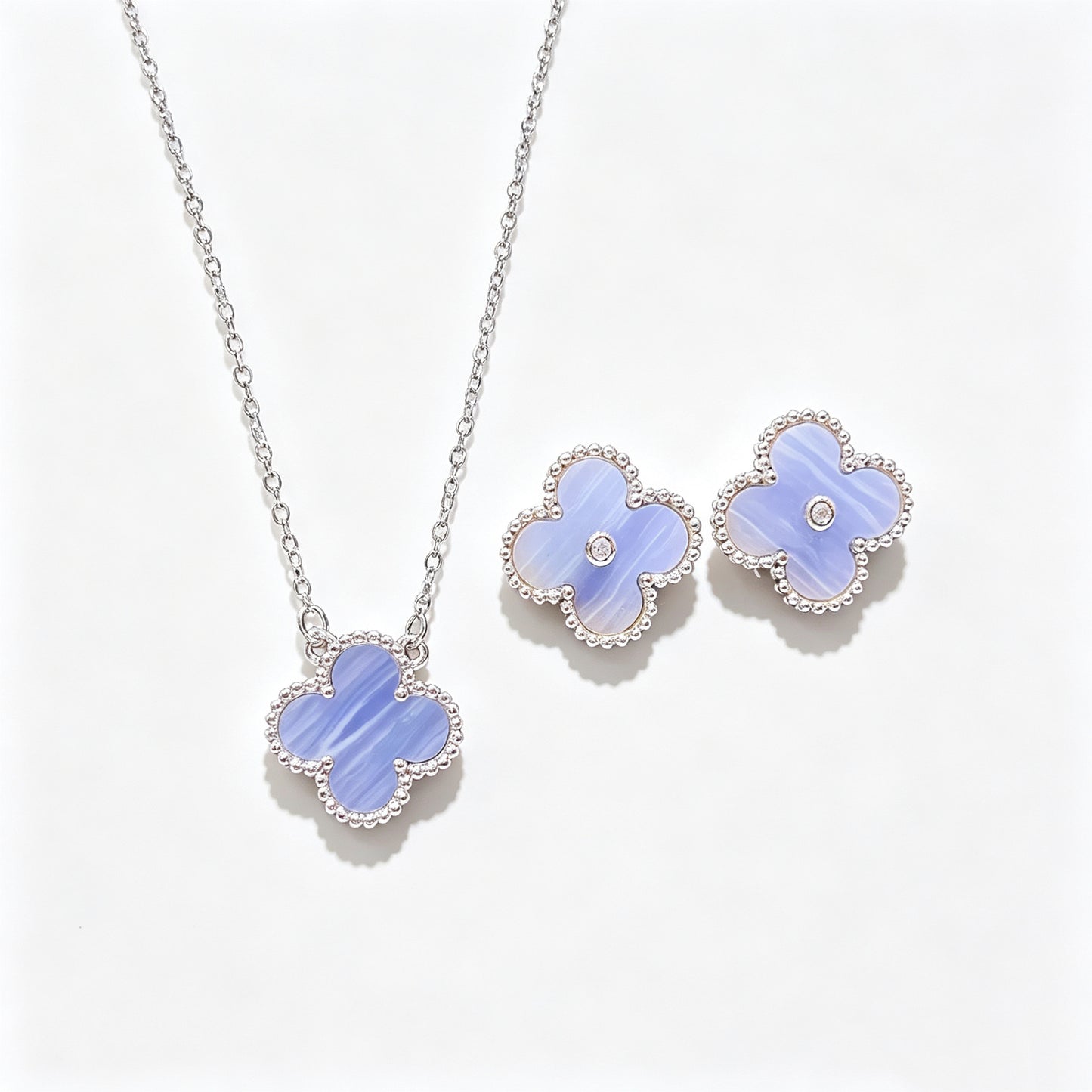 Light Blue Celadon Stone Purple Chalcedony Four Leaf Clover Necklace Bracelet Earring Set