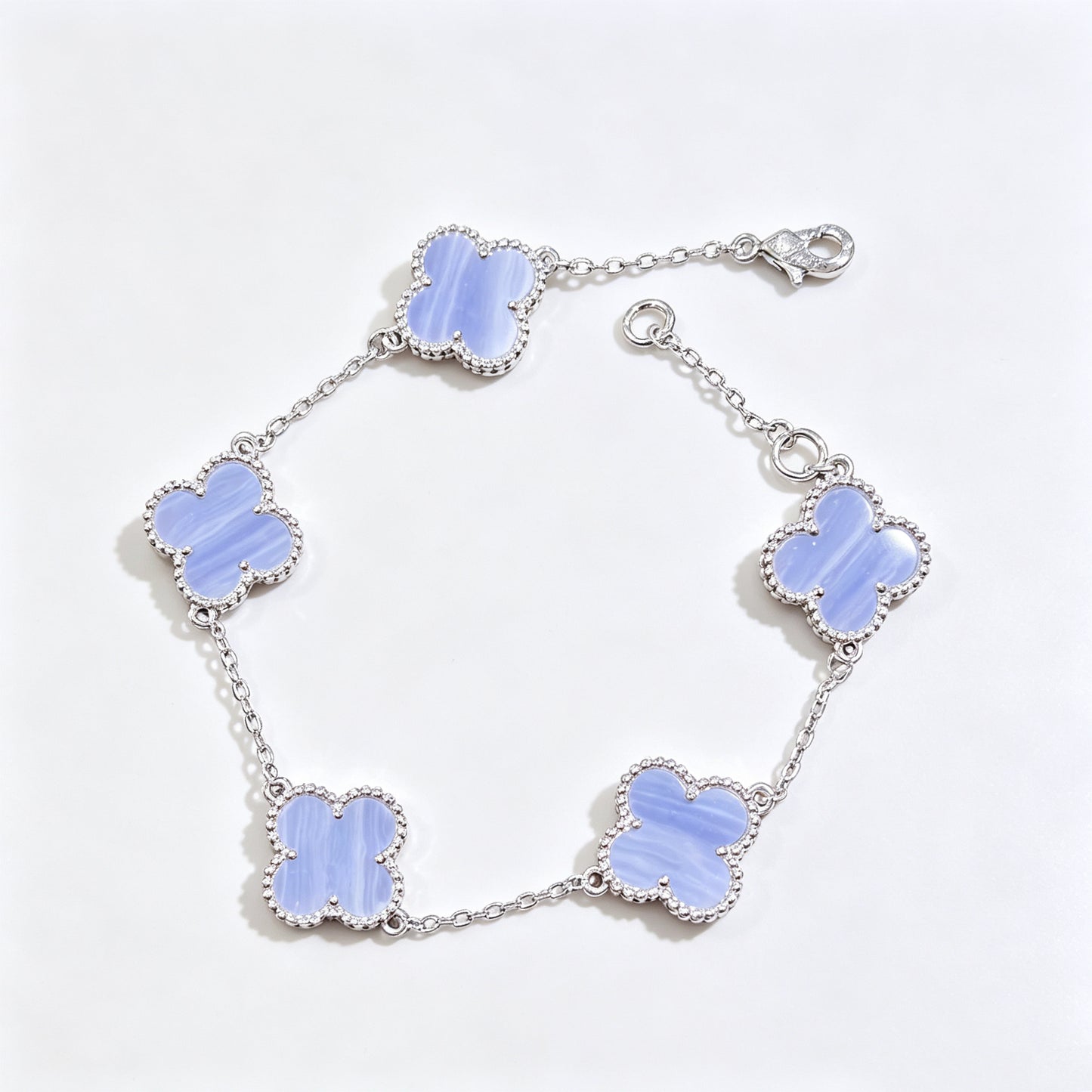 Light Blue Celadon Stone Purple Chalcedony Four Leaf Clover Necklace Bracelet Earring Set