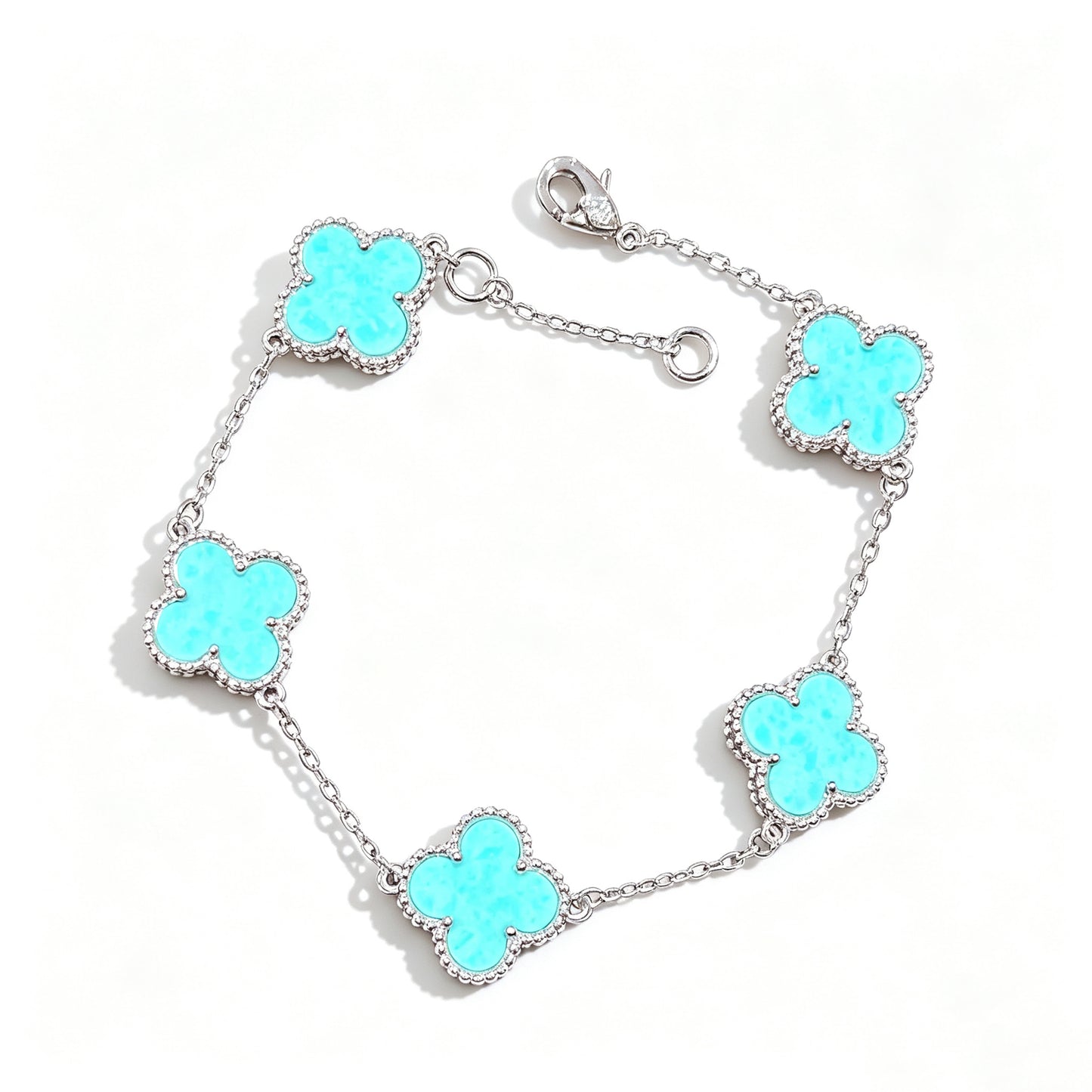 Light Blue Celadon Stone Purple Chalcedony Four Leaf Clover Necklace Bracelet Earring Set