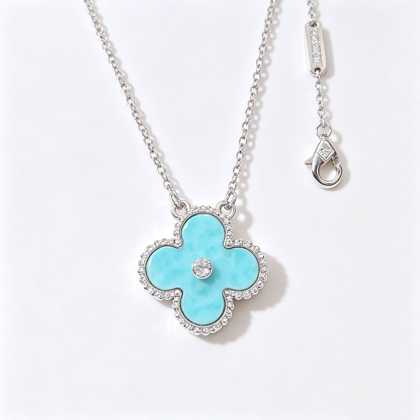 Light Blue Celadon Stone Purple Chalcedony Four Leaf Clover Necklace Bracelet Earring Set