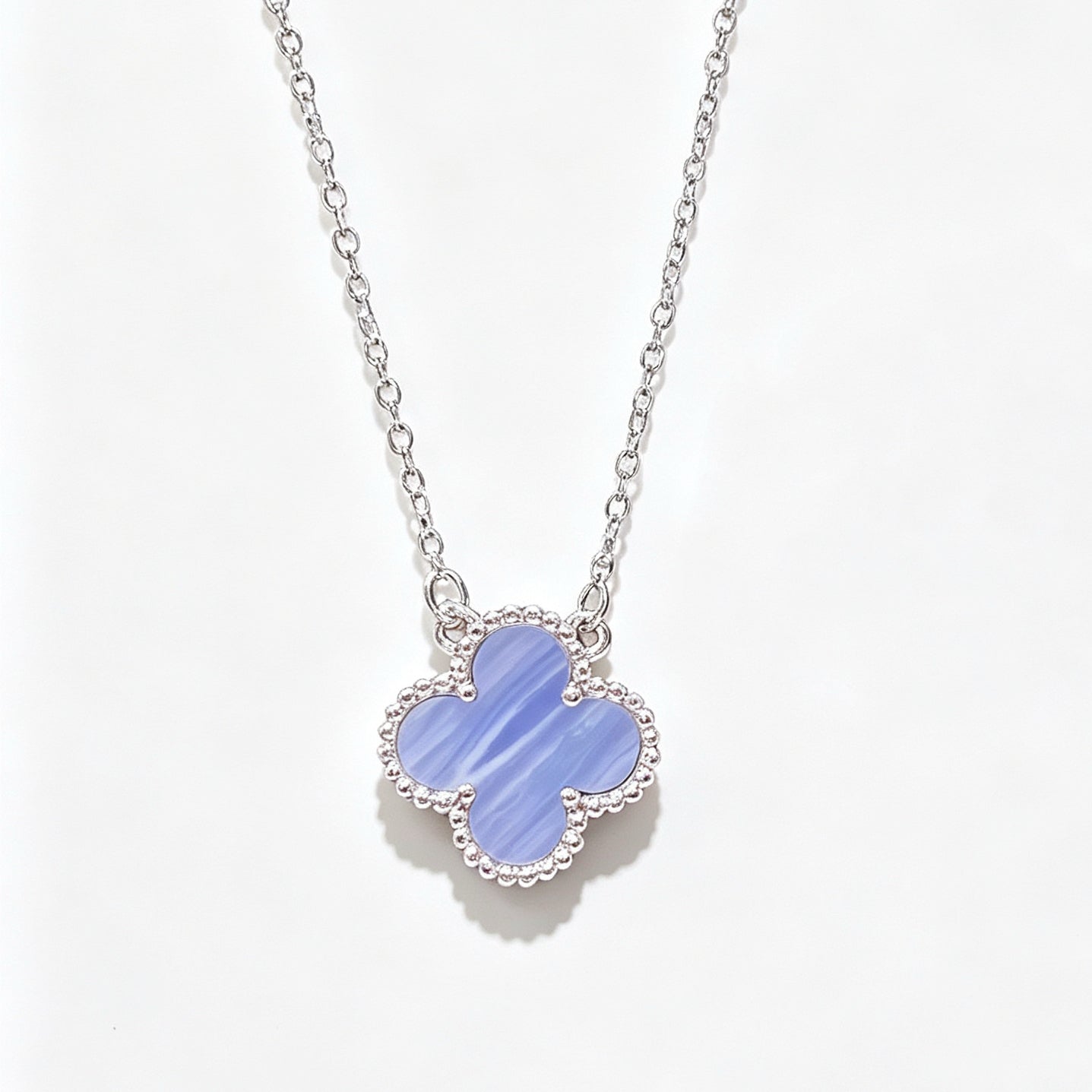 Light Blue Celadon Stone Purple Chalcedony Four Leaf Clover Necklace Bracelet Earring Set
