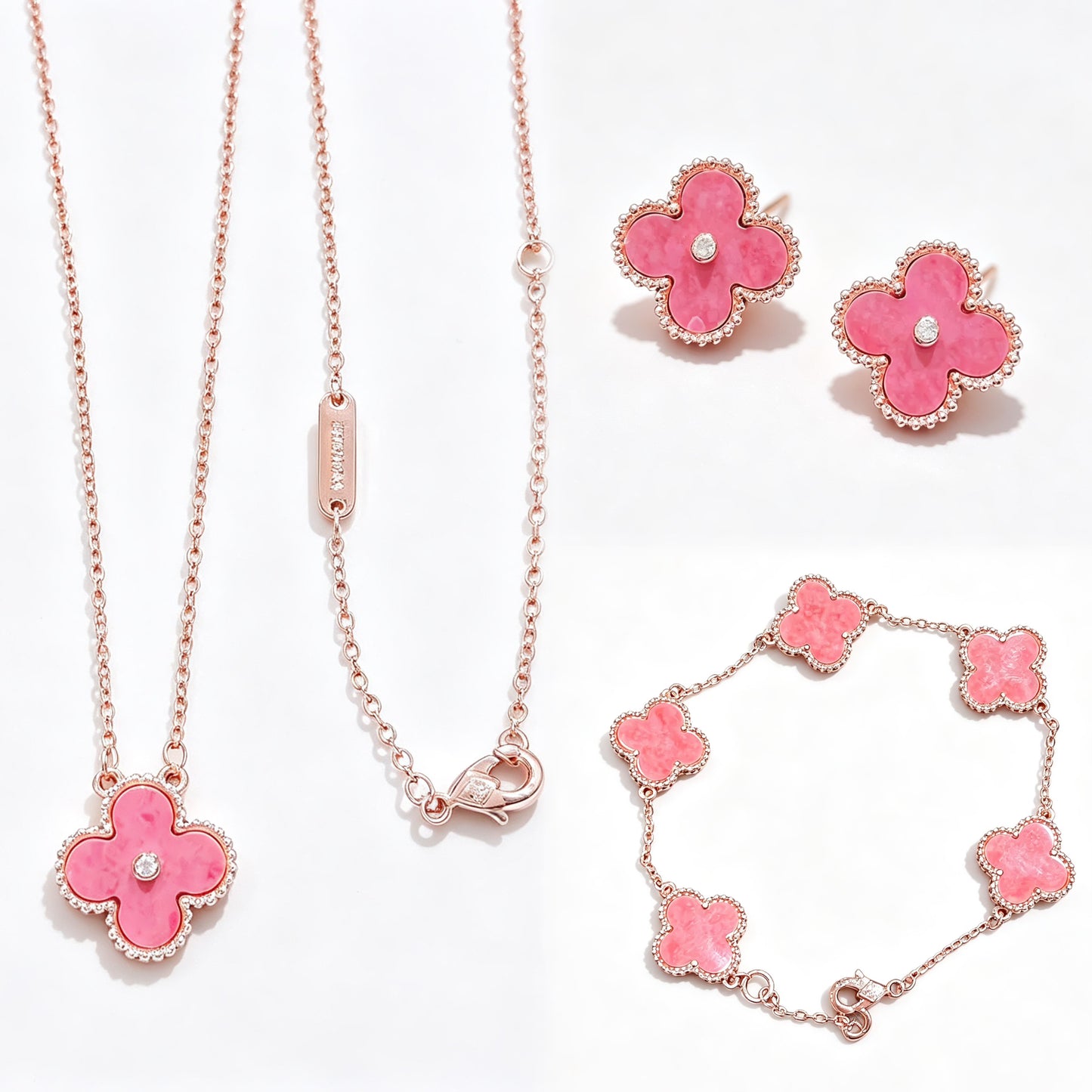 Light Blue Celadon Stone Purple Chalcedony Four Leaf Clover Necklace Bracelet Earring Set