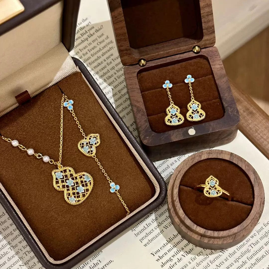 Gradient Blue Flower Enamel Hollow Gourd Jewelry Set