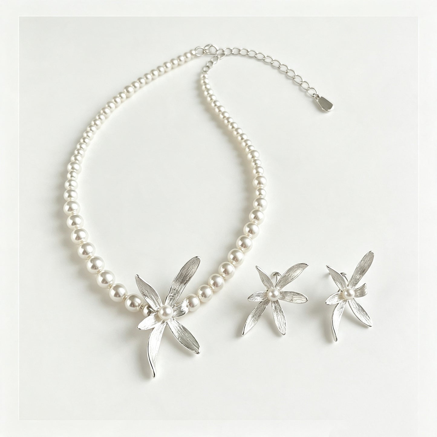 925 Sterling Silver Pearl Orchid Choker Necklace And Stud Earrings