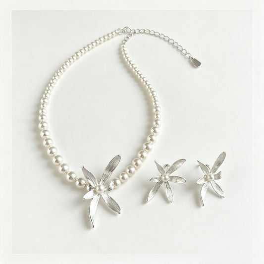 925 Sterling Silver Pearl Orchid Choker Necklace And Stud Earrings