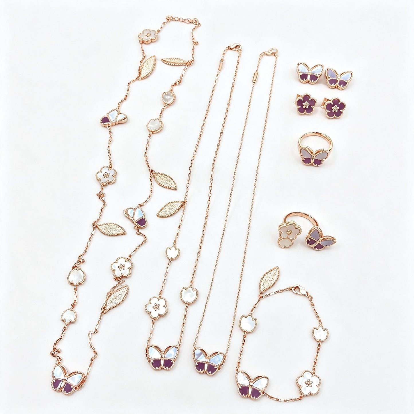 18K Gold Plated Purple Butterfly Mother Of Pearl Necklace Bracelet Earrings Ring