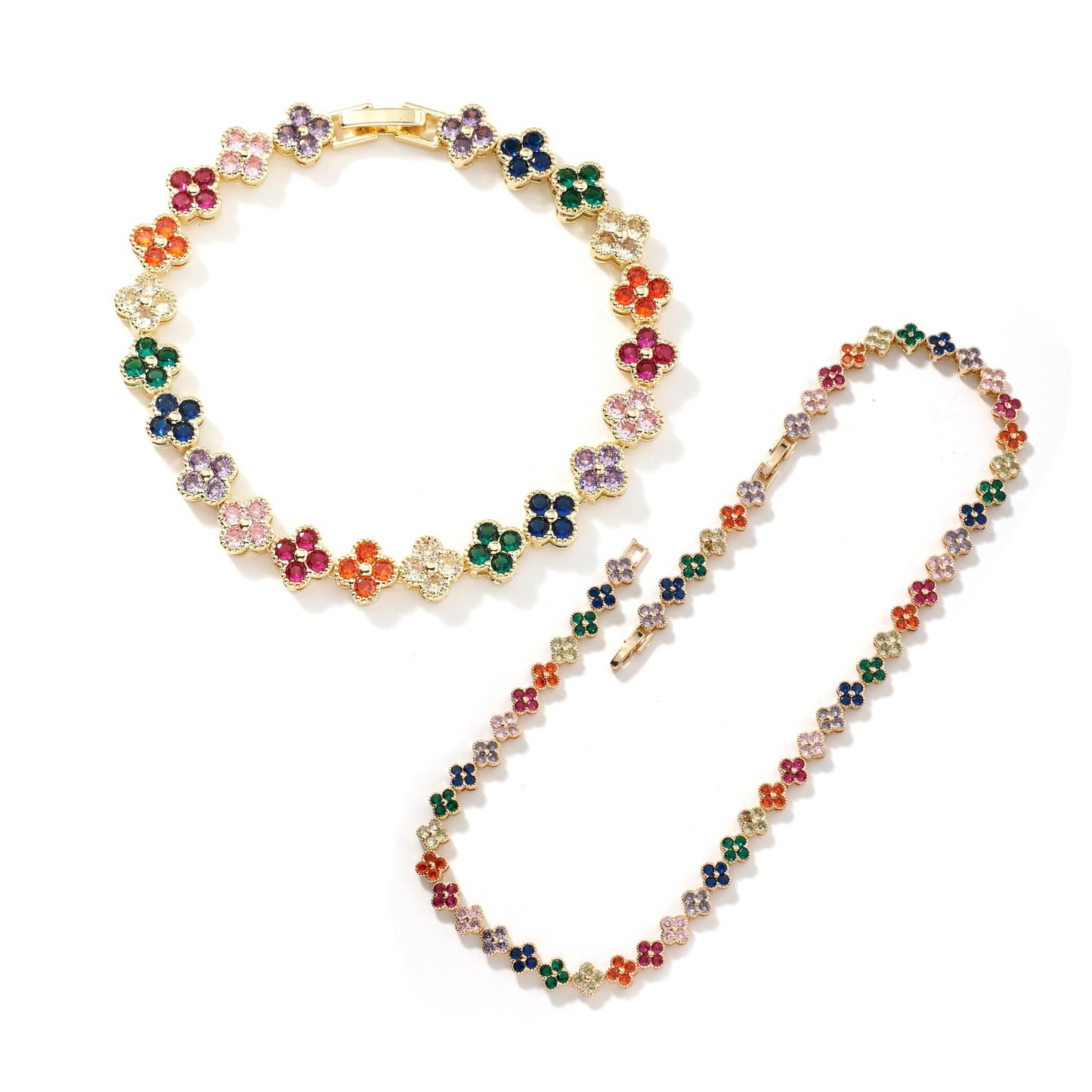 Colorful Zircon Four Leaf Clover Necklace And Bracelet Set