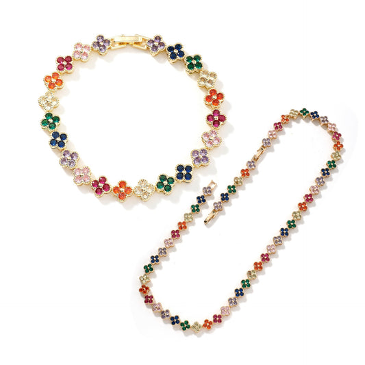 Colorful Zircon Four Leaf Clover Necklace And Bracelet Set