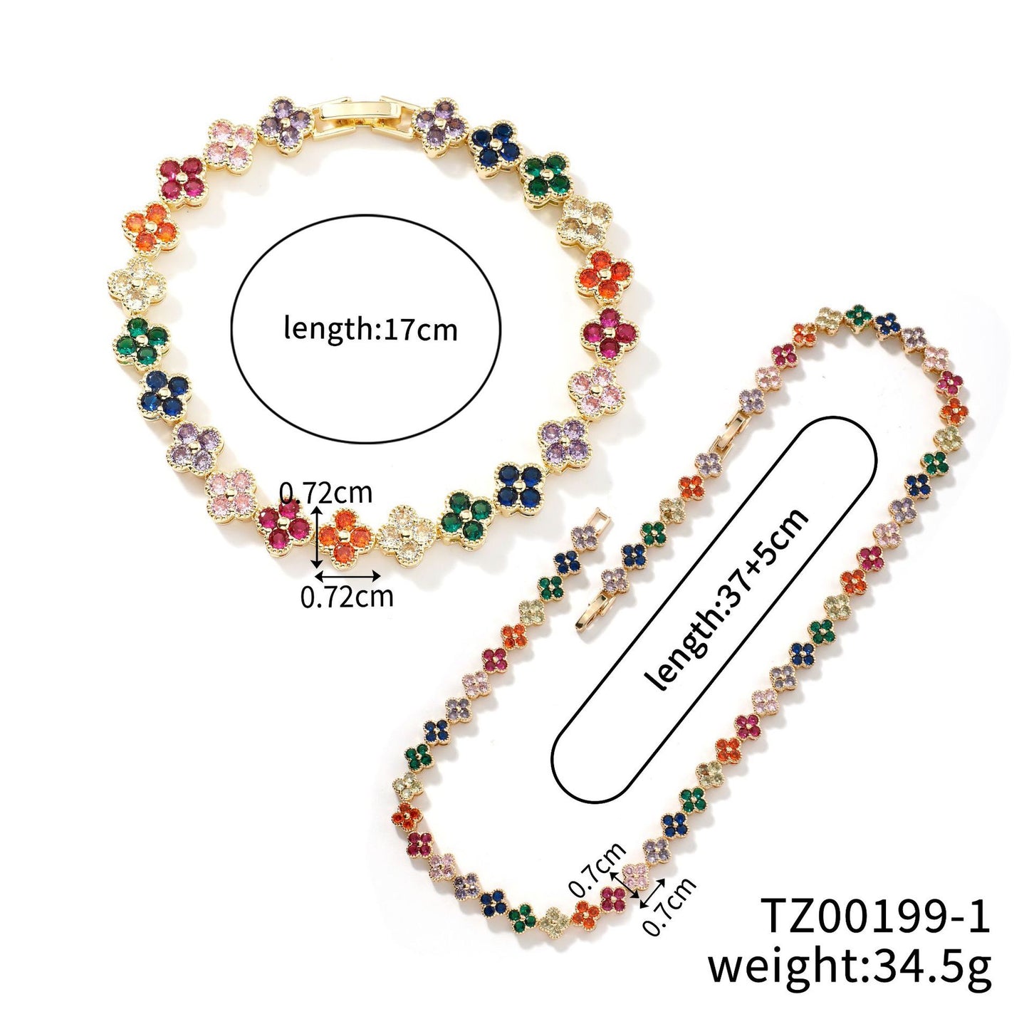 Colorful Zircon Four Leaf Clover Necklace And Bracelet Set