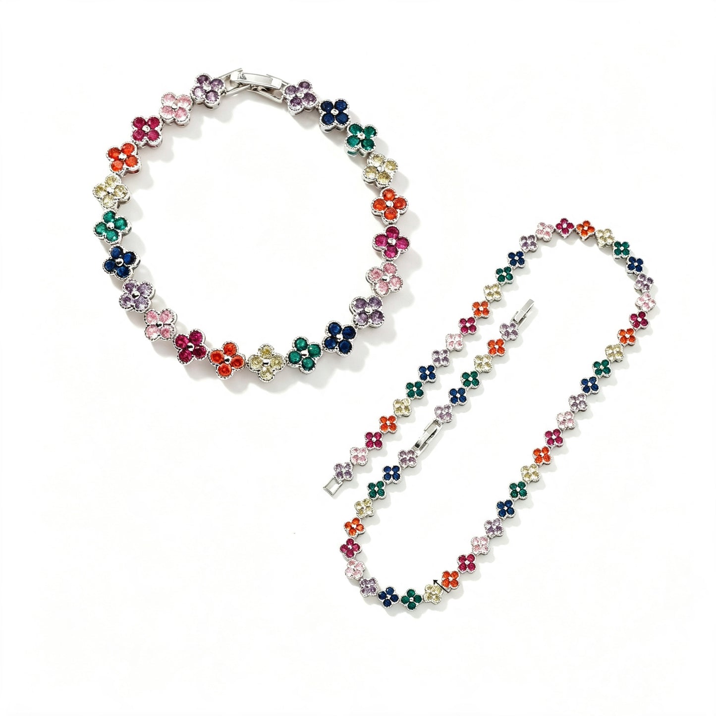 Colorful Zircon Four Leaf Clover Necklace And Bracelet Set