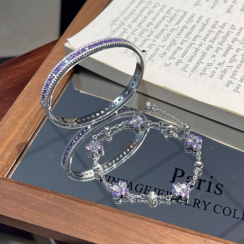 Purple Full Paved Zircon Bangle & Four Leaf Flower Bracelet
