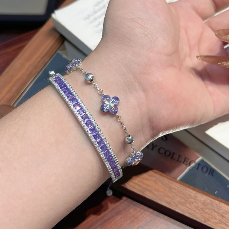Purple Full Paved Zircon Bangle & Four Leaf Flower Bracelet