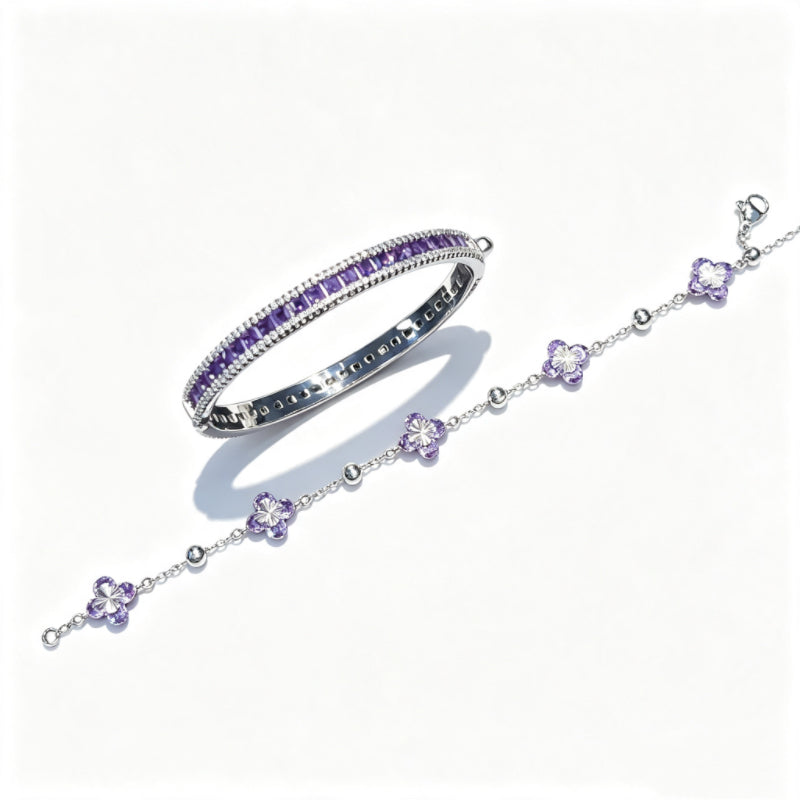 Purple Full Paved Zircon Bangle & Four Leaf Flower Bracelet