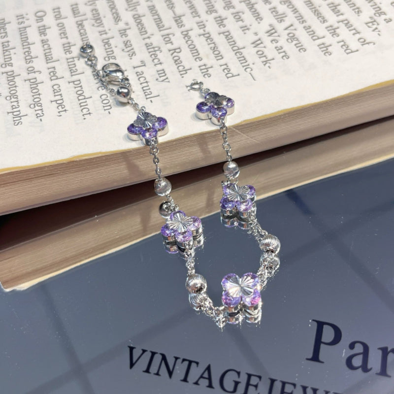 Purple Full Paved Zircon Bangle & Four Leaf Flower Bracelet