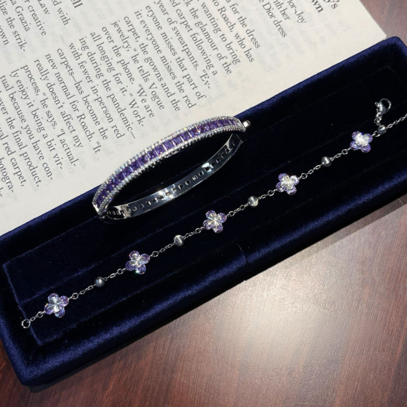 Purple Full Paved Zircon Bangle & Four Leaf Flower Bracelet