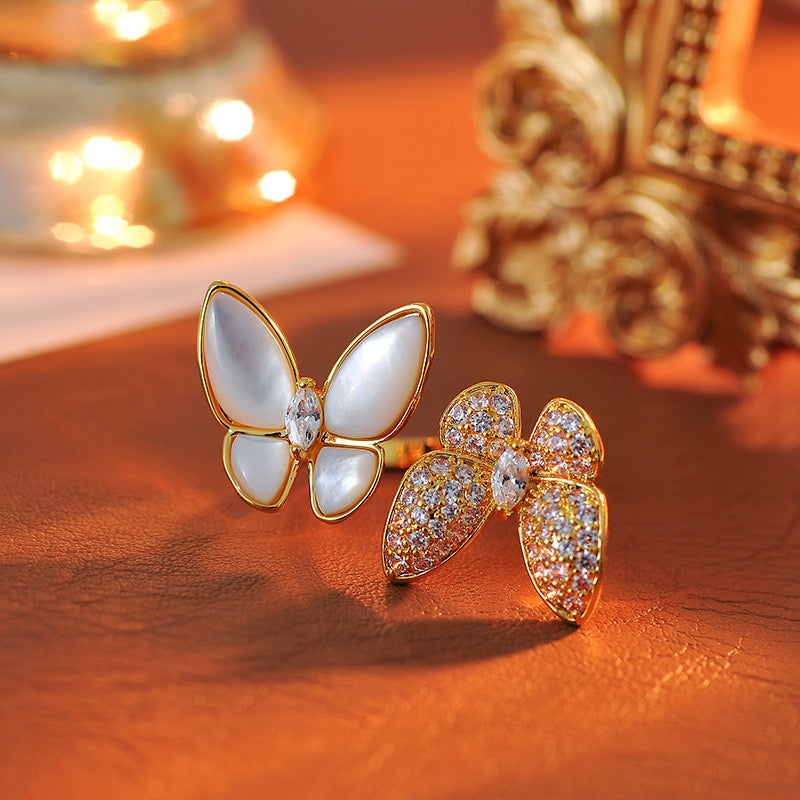 Natural Mother Of Pearl Butterfly Adjustable Open Ring, Gold Plated Eco-Friendly Copper