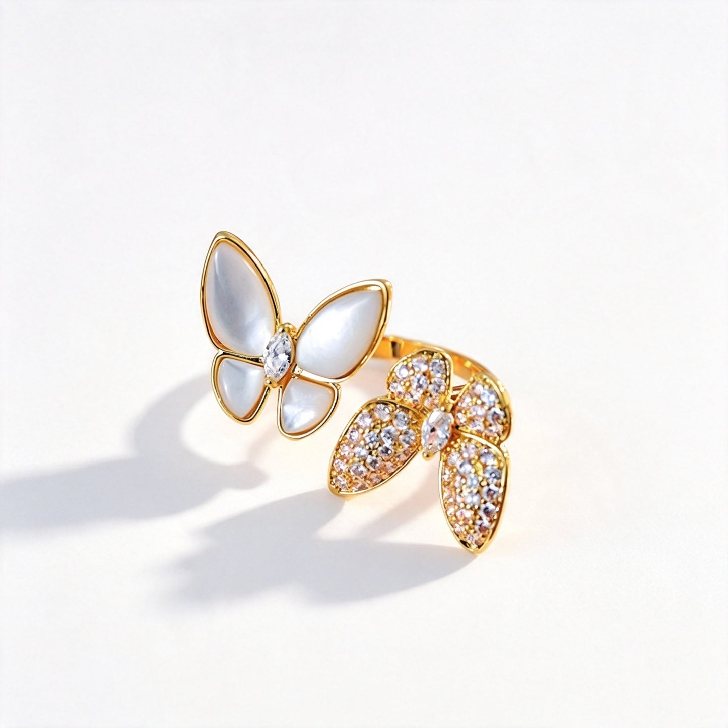 Natural Mother Of Pearl Butterfly Adjustable Open Ring, Gold Plated Eco-Friendly Copper