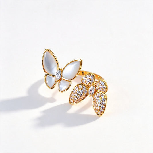 Natural Mother Of Pearl Butterfly Adjustable Open Ring, Gold Plated Eco-Friendly Copper