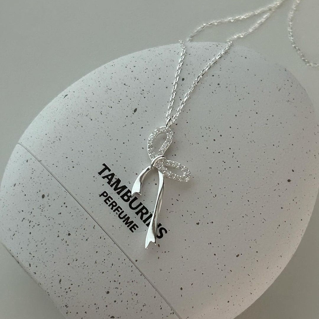 S925 Sterling Silver Bow Pendant Necklace with Rhinestones