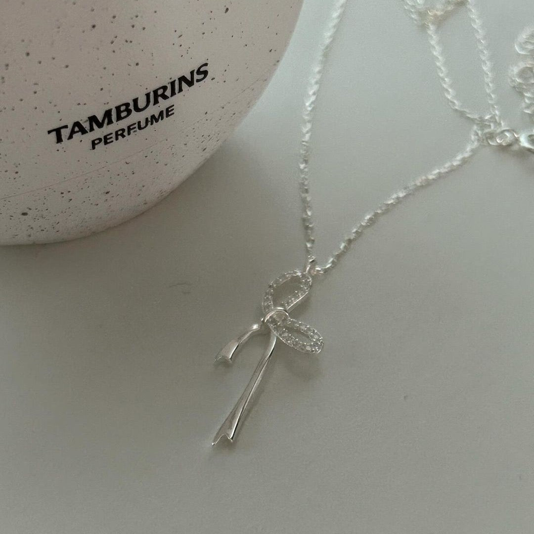 S925 Sterling Silver Bow Pendant Necklace with Rhinestones