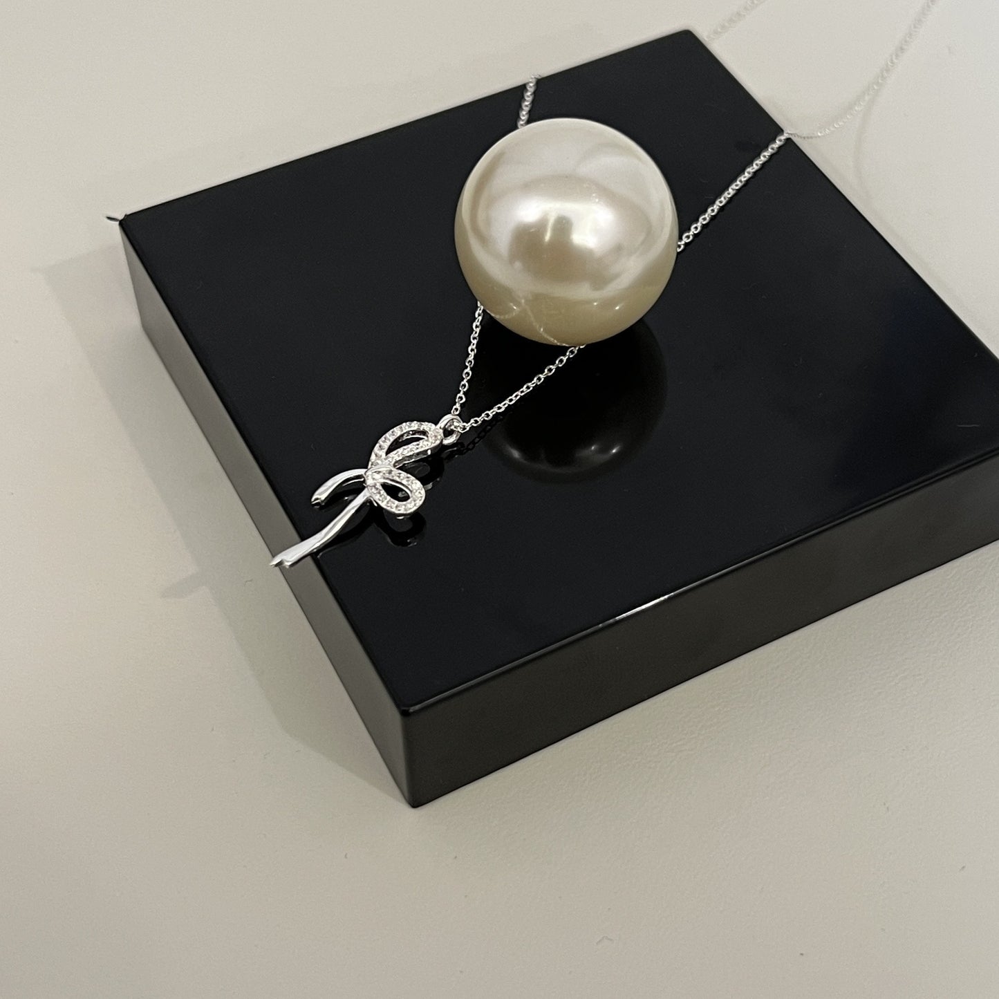 S925 Sterling Silver Bow Pendant Necklace with Rhinestones